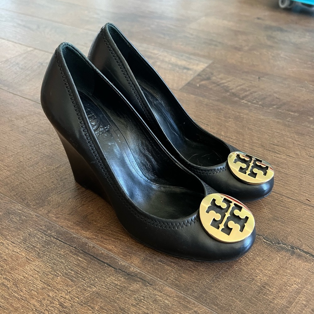 Tory Burch Black Leather Logo Heel Wedges - Size 7